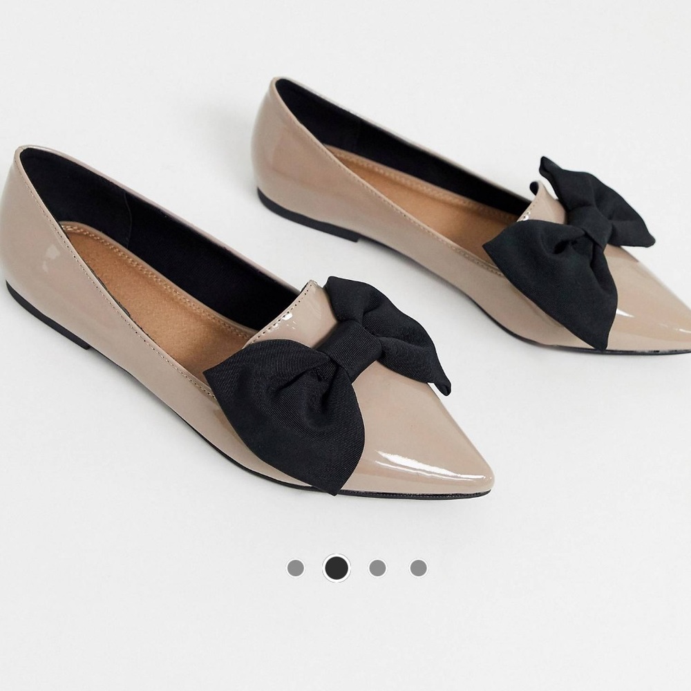 ASOS Design Lake bow pointed patent ballet flats in beige/dusty pink w/black bow